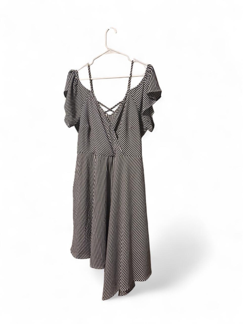 Asymmetrical hem indie striped cold shoulder dress